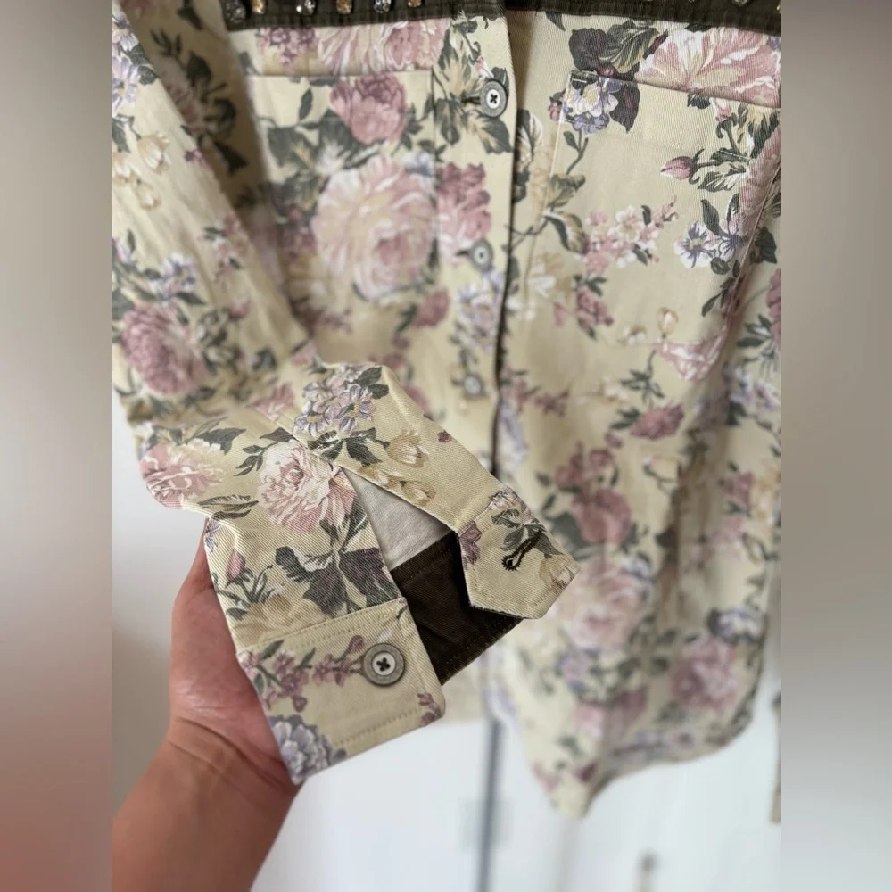 Rare Y2K Cottagecore Jacket Floral Print Beige Vintage Button Up Embellished S - Picture 3 of 6